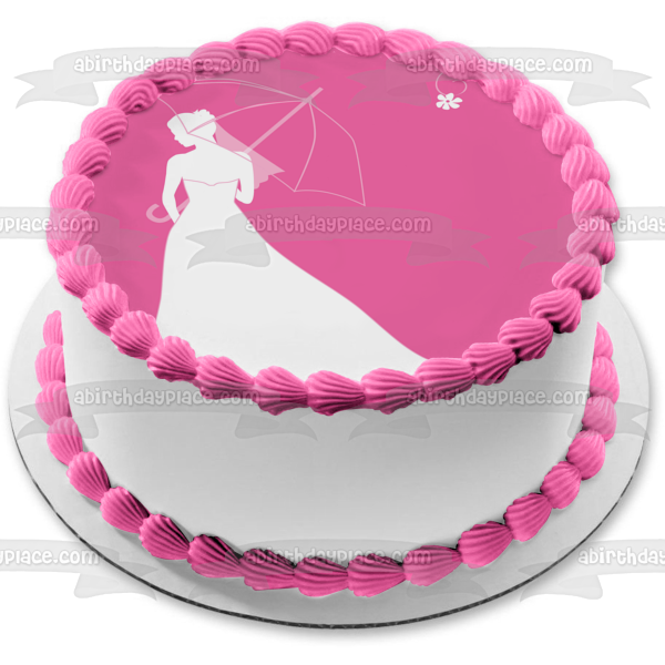 Boda Novia Paraguas Flores Fondo Rosa Adorno Comestible Para Pastel Imagen ABPID13174 