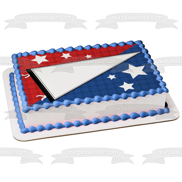 White Pennant Stars Red Blue Plaid Background Edible Cake Topper Image ABPID13177