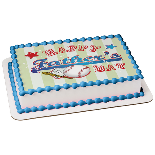 Happy Fathers Day #1 Baseball Stars Striped Background Edible Cake Topper Image ABPID13182