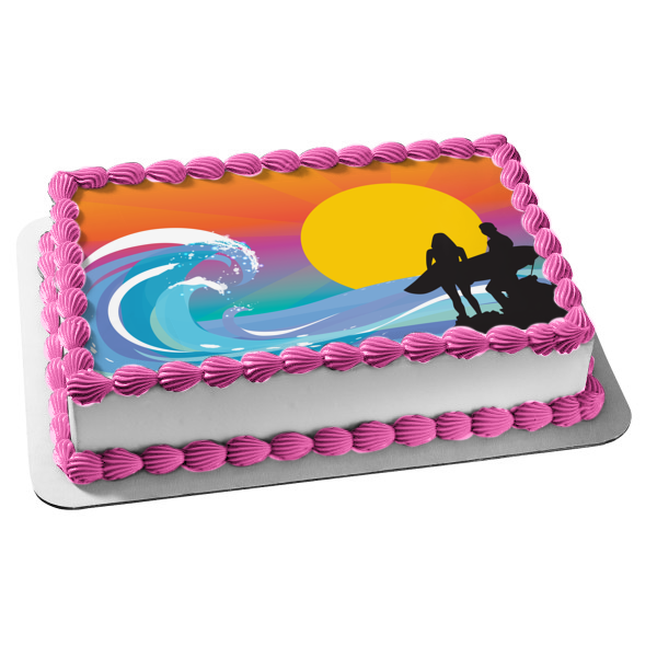 Beach Sunset Man Woman Surfboards Silhouette Waves Edible Cake Topper Image ABPID13190