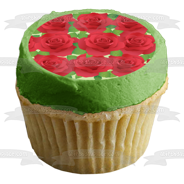 Red Roses Green Leaves Pattern Edible Cake Topper Image ABPID13199