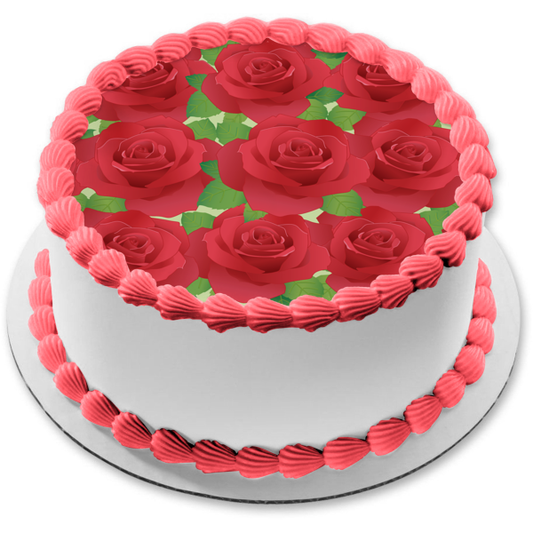 Red Roses Green Leaves Pattern Edible Cake Topper Image ABPID13199