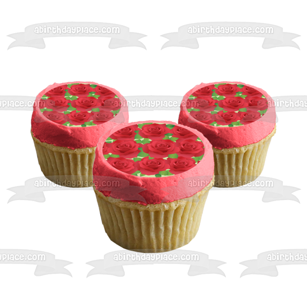 Red Roses Green Leaves Pattern Edible Cake Topper Image ABPID13199