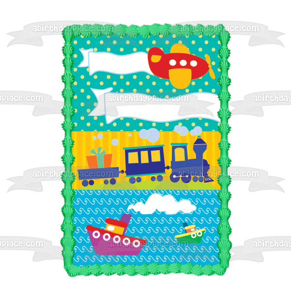 Feliz cumpleaños, dibujos animados, avión, trenes, barcos, presente, decoración comestible para tarta, imagen ABPID13502 