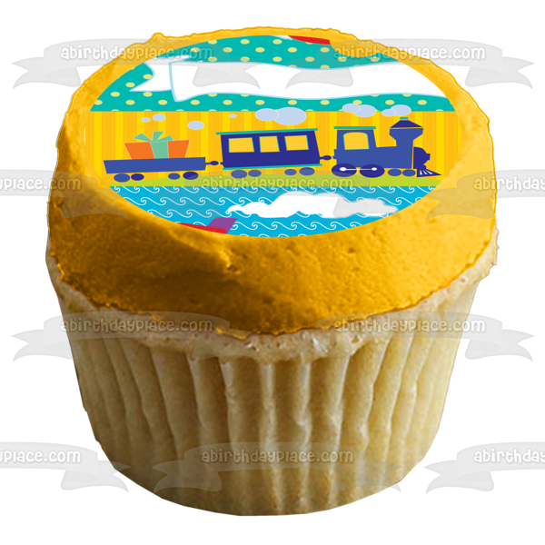 Feliz cumpleaños, dibujos animados, avión, trenes, barcos, presente, decoración comestible para tarta, imagen ABPID13502 