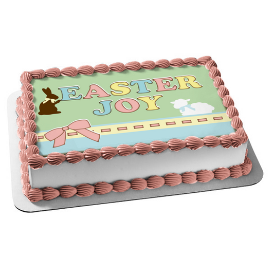 Happy Easter Easter Joy Bunny Lamb Pink Bow Edible Cake Topper Image ABPID13503