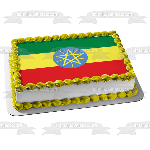 Flag of Ethiopia Green Yellow Red Stripes Blue Yellow Star Edible Cake Topper Image ABPID13316