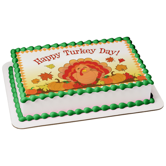 Happy Turkey Day Turkey Pumpkins Leaves Edible Cake Topper Image ABPID13511