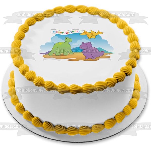 Decoración comestible para tarta con diseño de dinosaurios, color verde, morado y amarillo, imagen ABPID13323 