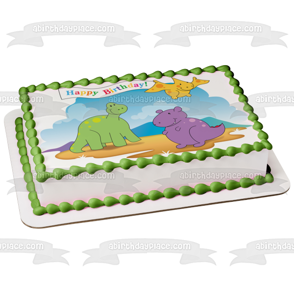 Decoración comestible para tarta con diseño de dinosaurios, color verde, morado y amarillo, imagen ABPID13323 