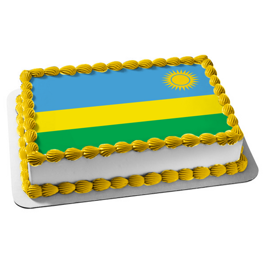 Flag of Rwanda Blue Yellow Green Stripes Yellow Sun Edible Cake Topper Image ABPID13516