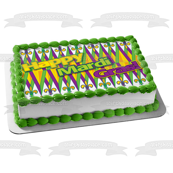 Happy Mardi Gras Green Purple Yellow Edible Cake Topper Image ABPID13519