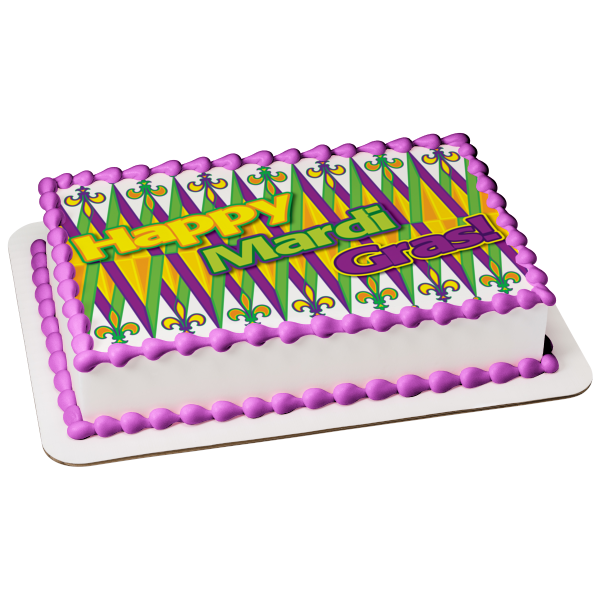 Happy Mardi Gras Green Purple Yellow Edible Cake Topper Image ABPID13519