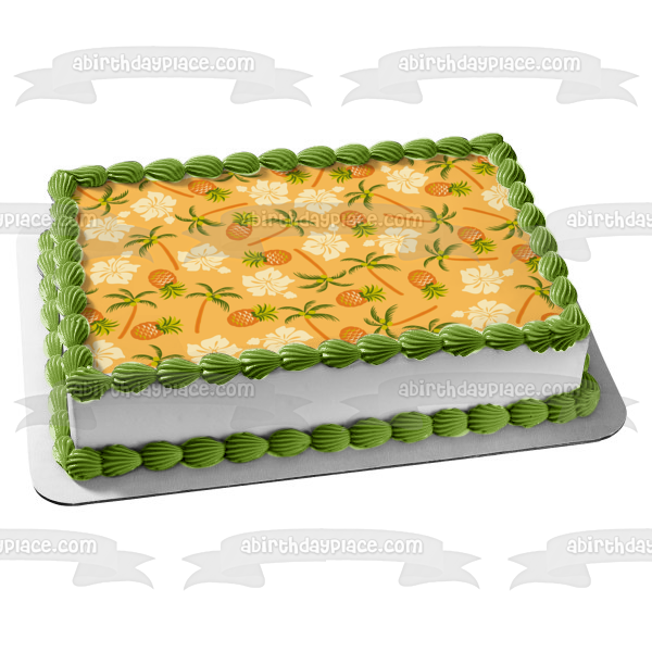 Imagen de decoración comestible para tarta con piñas hawaianas, flores, palmeras, ABPID13336 