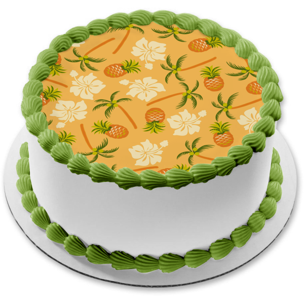 Imagen de decoración comestible para tarta con piñas hawaianas, flores, palmeras, ABPID13336 