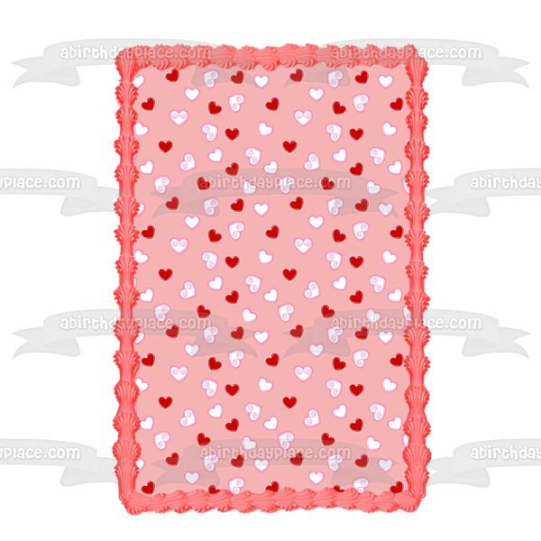 Imagen comestible para decoración de tarta con fondo rosa de corazones rojos y blancos ABPID13337 