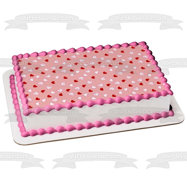 Imagen comestible para decoración de tarta con fondo rosa de corazones rojos y blancos ABPID13337 