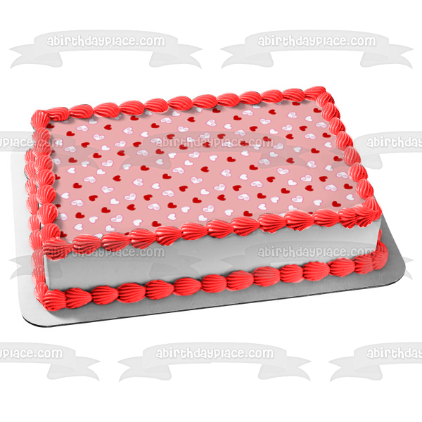 Imagen comestible para decoración de tarta con fondo rosa de corazones rojos y blancos ABPID13337 