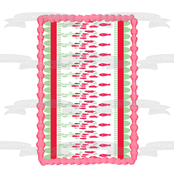 Adorno comestible para tarta con borde rosa, lunares, hojas y rosas, imagen ABPID13529 