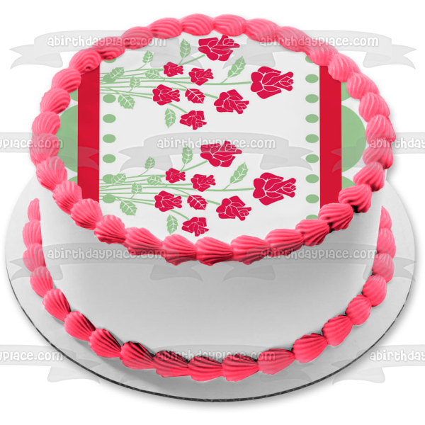 Adorno comestible para tarta con borde rosa, lunares, hojas y rosas, imagen ABPID13529 