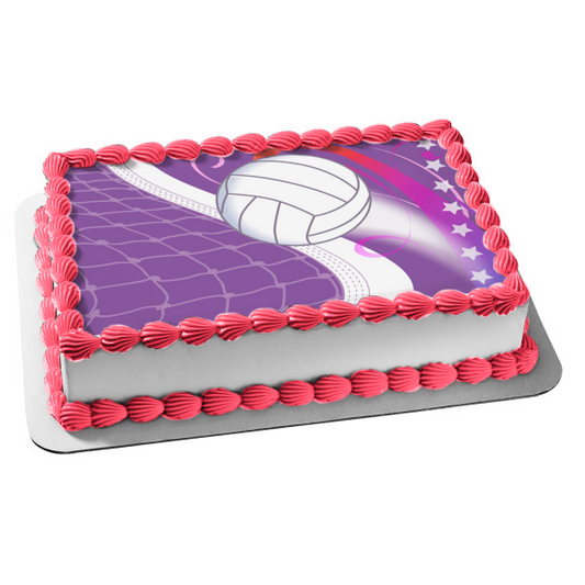 Adorno comestible para tarta con diseño de estrellas blancas y red deportiva de voleibol, imagen ABPID13338 