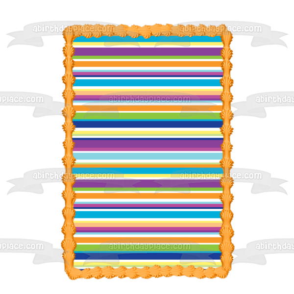 Adorno comestible para tarta con rayas horizontales, naranja, azul, morado, verde y blanco, imagen ABPID13342 