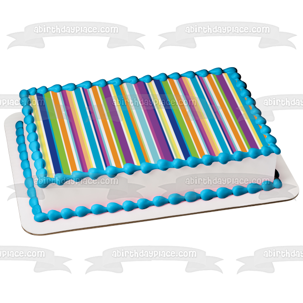 Adorno comestible para tarta con rayas horizontales, naranja, azul, morado, verde y blanco, imagen ABPID13342 