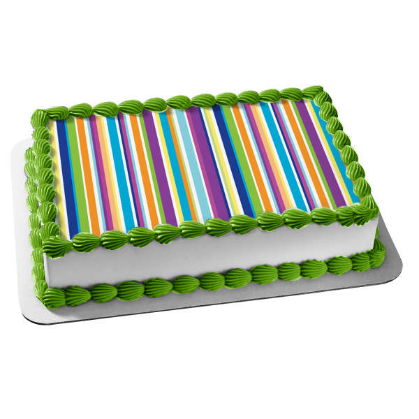 Adorno comestible para tarta con rayas horizontales, naranja, azul, morado, verde y blanco, imagen ABPID13342 