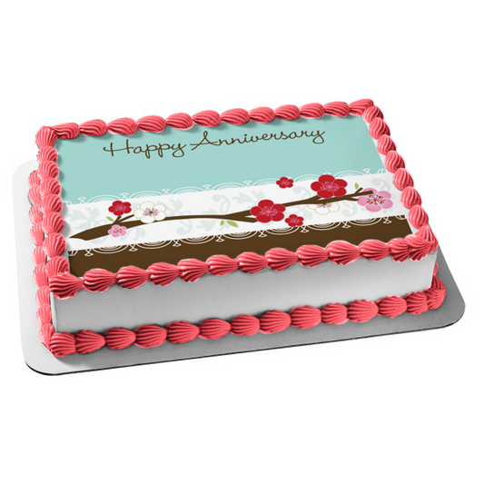 Happy Anniversary Flowers Blue Background Edible Cake Topper Image ABPID13343