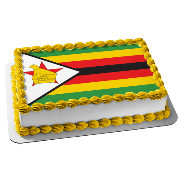 Flag of Zimbabwe Red Yellow Black Stripes White Red Star Gold Edible Cake Topper Image ABPID13533