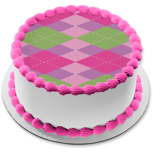 Argyle Pattern Green Pink Purple Edible Cake Topper Image ABPID13536