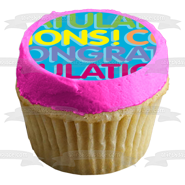 Congratulations Purple Green Yellow Pink Lettering Blue Background Edible Cake Topper Image ABPID13539