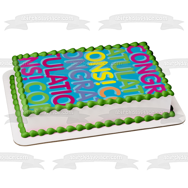 Congratulations Purple Green Yellow Pink Lettering Blue Background Edible Cake Topper Image ABPID13539