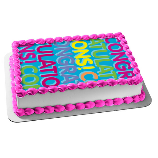 Congratulations Purple Green Yellow Pink Lettering Blue Background Edible Cake Topper Image ABPID13539