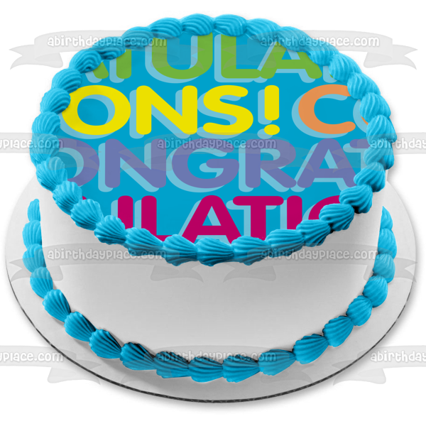 Congratulations Purple Green Yellow Pink Lettering Blue Background Edible Cake Topper Image ABPID13539