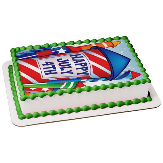 Happy July 4th Red White Blue Rockets White Stars Edible Cake Topper Image ABPID13541