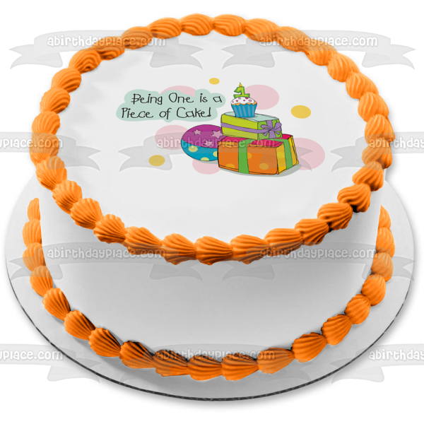 Happy 1st Birthday Being One Is a Piece of Cake Presents Ball Cupcake Number 1 Candle Edible Cake Topper Image ABPID13354