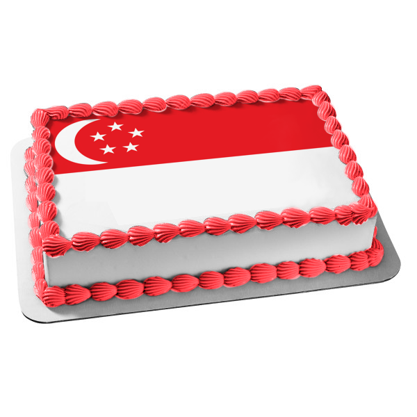 Imagen comestible para tarta con diseño de bandera de Singapur, color rojo y blanco, luna y estrellas, ABPID13375