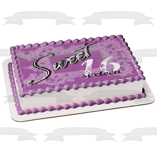 Sweet 16 Purple Background Happy Birthday Edible Cake Topper Image ABPID13560