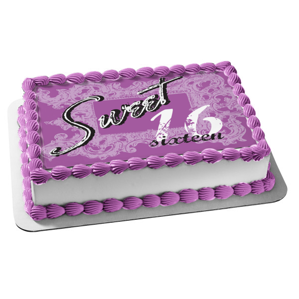 Sweet 16 Purple Background Happy Birthday Edible Cake Topper Image ABPID13560