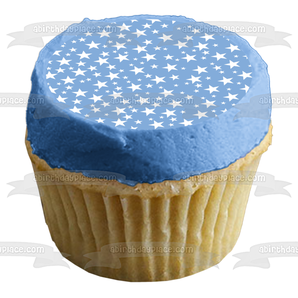 Imagen comestible para decoración de tarta con patrón de estrellas blancas y fondo azul ABPID13379 