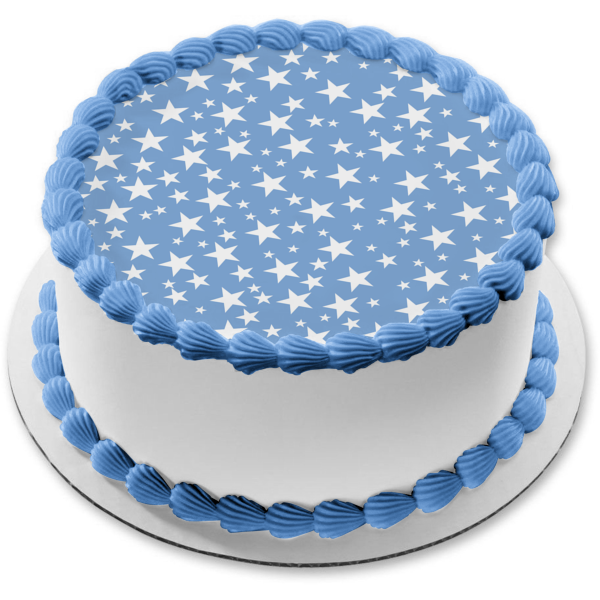 Imagen comestible para decoración de tarta con patrón de estrellas blancas y fondo azul ABPID13379 