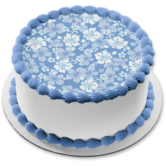 Adorno comestible para tarta con motivo de flores azules y blancas, fondo azul, imagen ABPID13381 