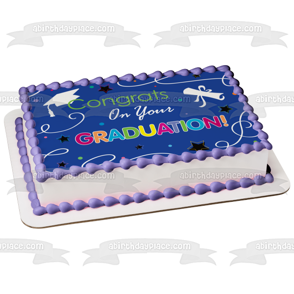 Congrats on Your Graduation Caps Diploma Stars Edible Cake Topper Image ABPID13382