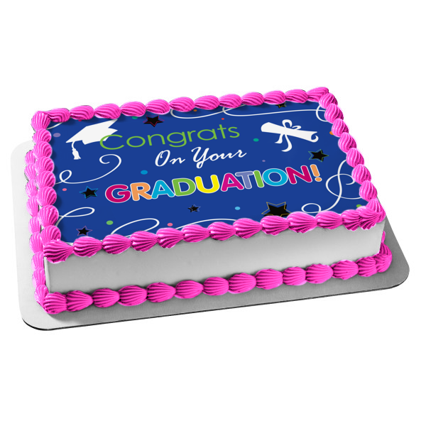 Congrats on Your Graduation Caps Diploma Stars Edible Cake Topper Image ABPID13382