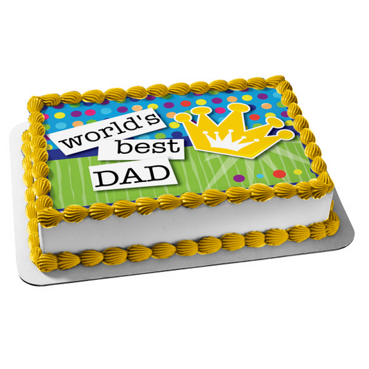 World's Best Dad Gold Crown Polka Dot Background Edible Cake Topper Image ABPID13569