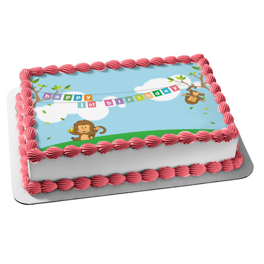 Happy 1st Birthday Monkeys Banner Trees Edible Cake Topper Image ABPID13383