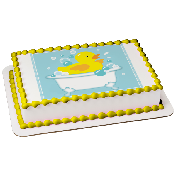 Rubber Ducky Bathtub Bubbles Blue Background Edible Cake Topper Image ABPID13572