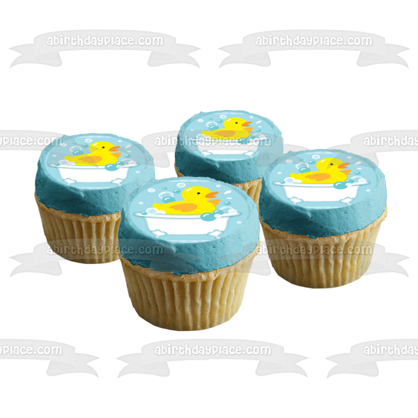 Rubber Ducky Bathtub Bubbles Blue Background Edible Cake Topper Image ABPID13572