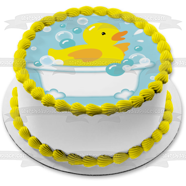 Rubber Ducky Bathtub Bubbles Blue Background Edible Cake Topper Image ABPID13572